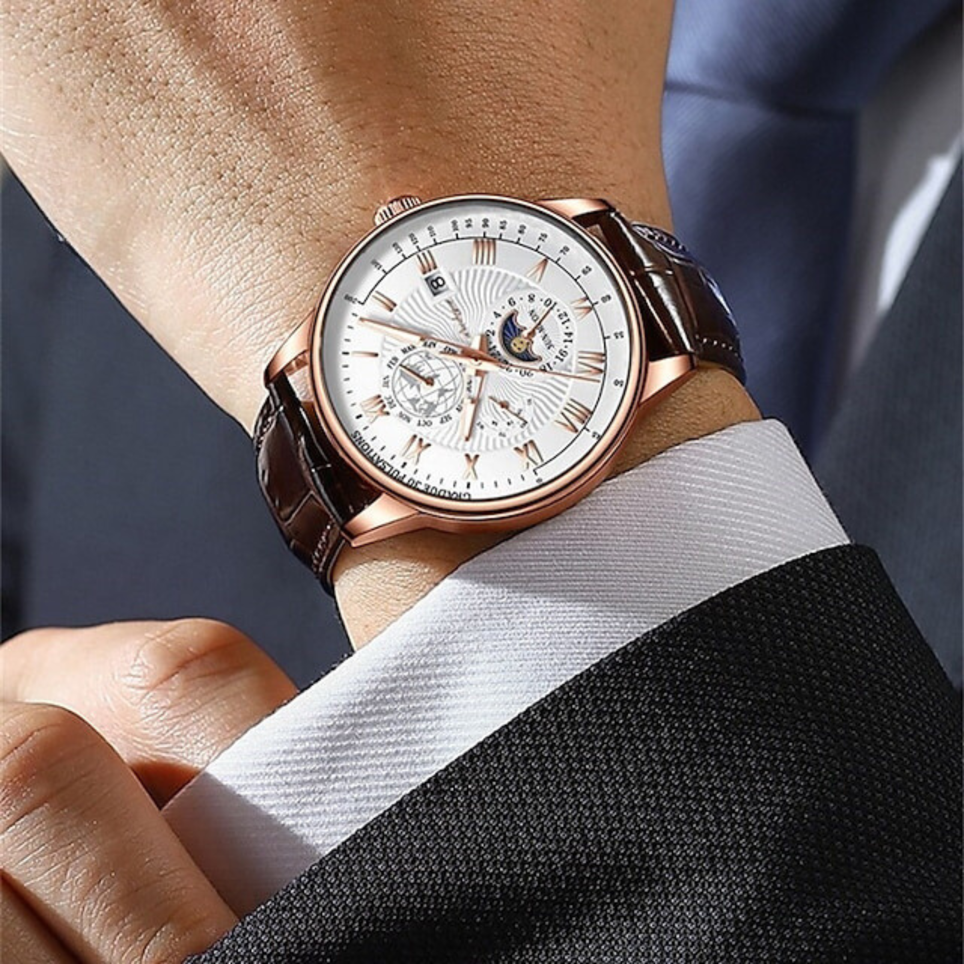 POEDAGAR Quartz White Dial Leather Strap Watch